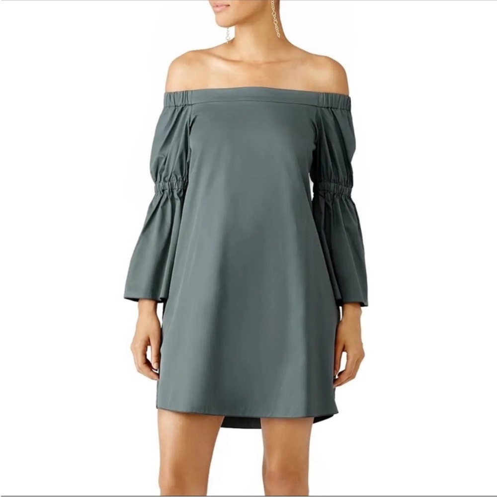 Tibi Off The Shoulder Ruched Sleeve Cotton Green Mini Dress Size 4
